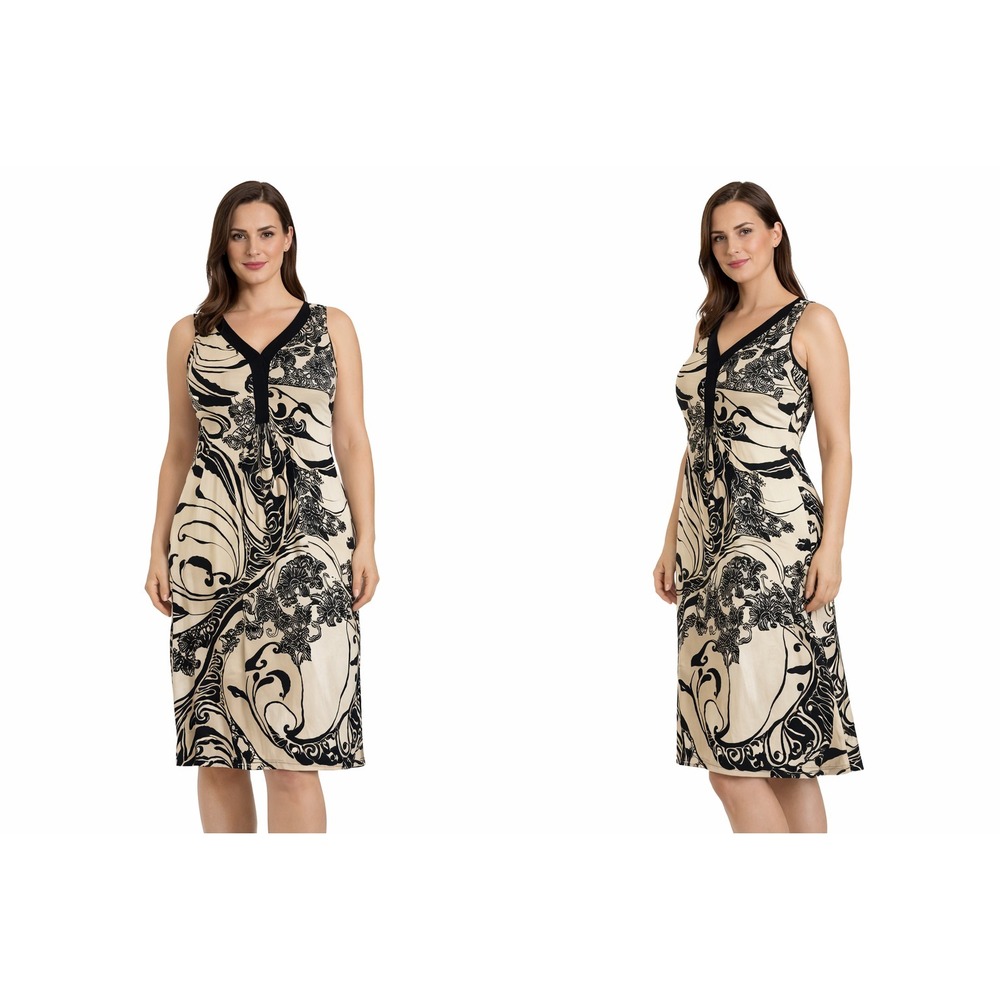 Jones Studio Womens Dress Large Beige Black Floral Sleeveless A Line Chic